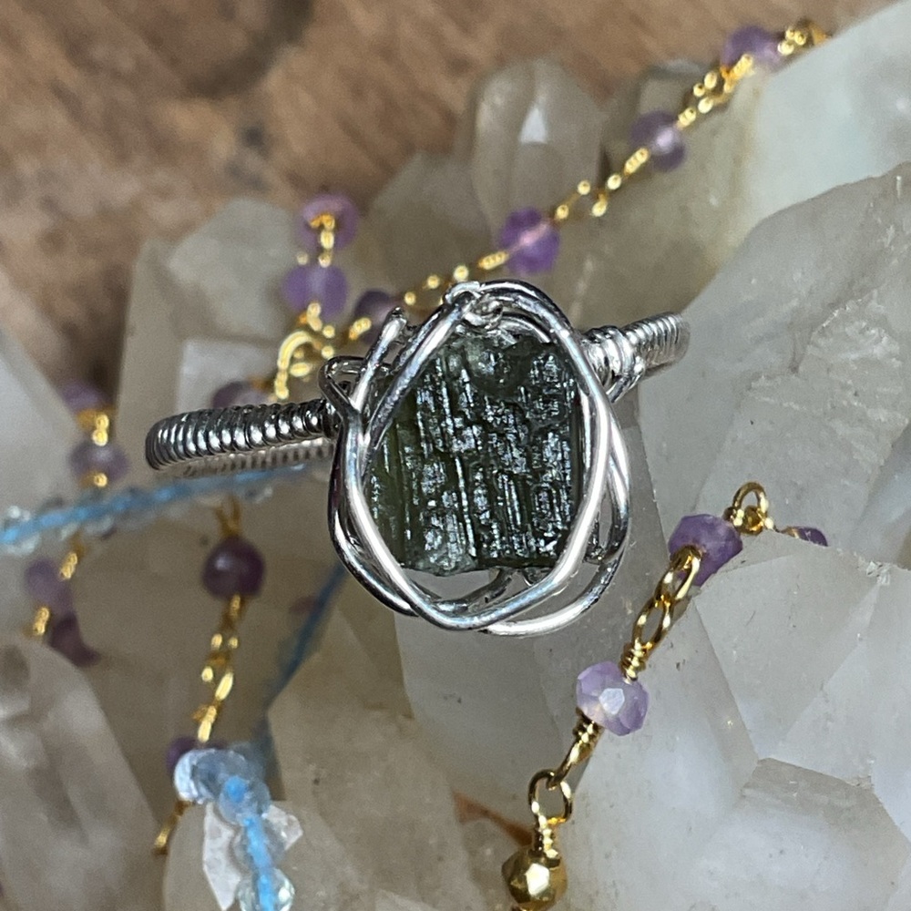 Moldavite .925 Silver Wire Wrap Ring 10